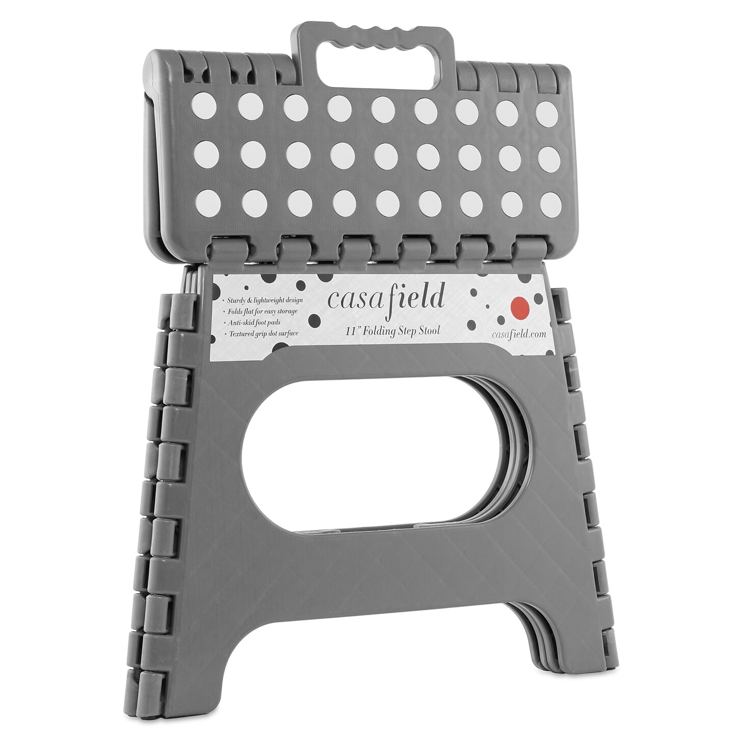 Casafield 11" Folding Step Stool with Handle, Gray - Portable Collapsible Small Plastic Foot Stool for Kids and Adults - Use in the Kitchen, Bathroom and Bedroom