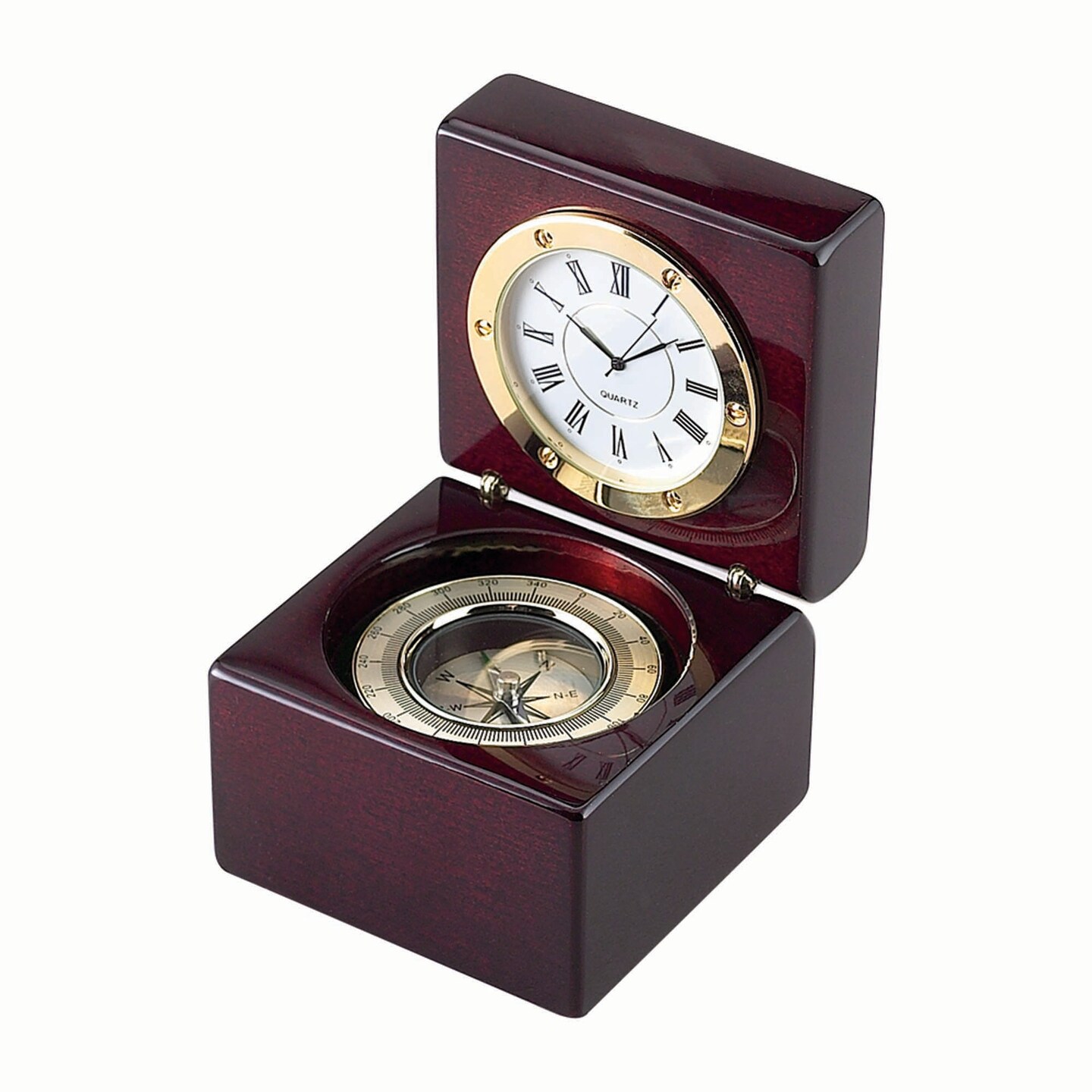 Contemporary Home Living 2.875" Wooden Square Box With Clock And Compass