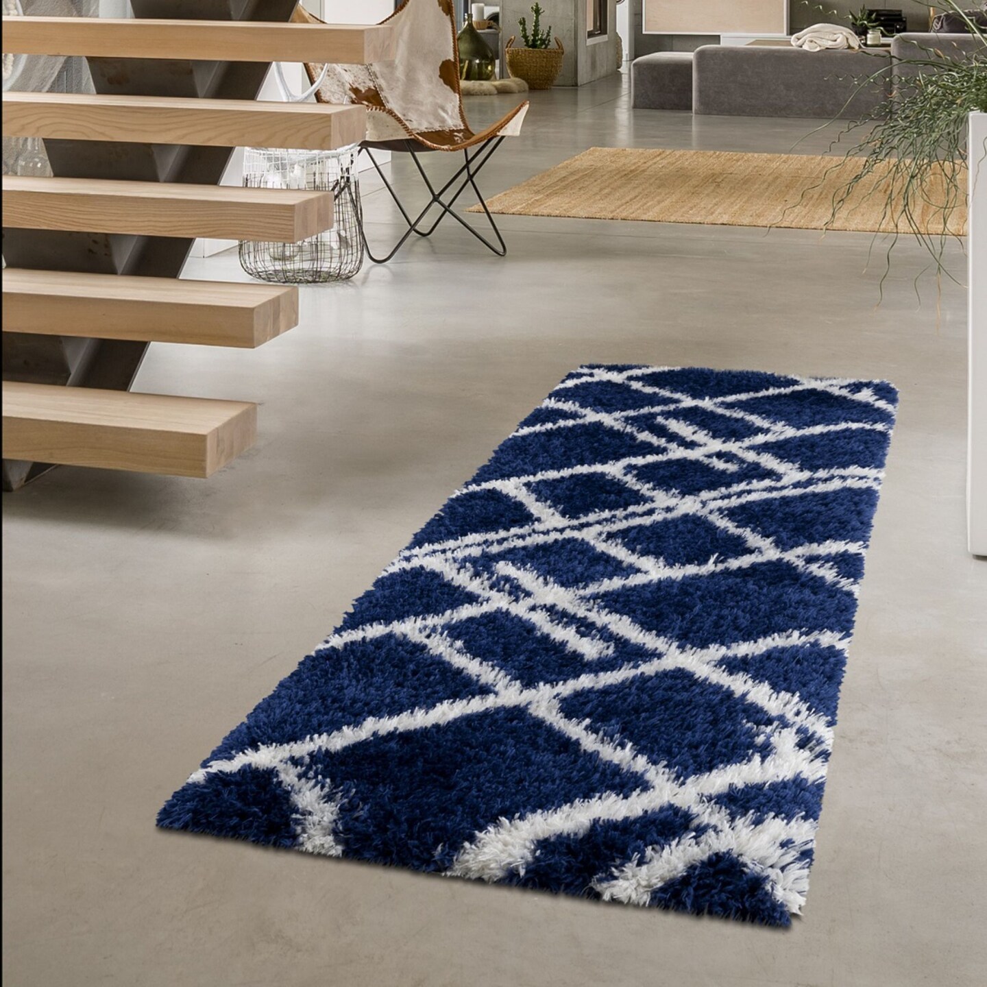 LBaiet 2' x 8' Navy Blue and White Diamond Rectangular Shag Rug Runner