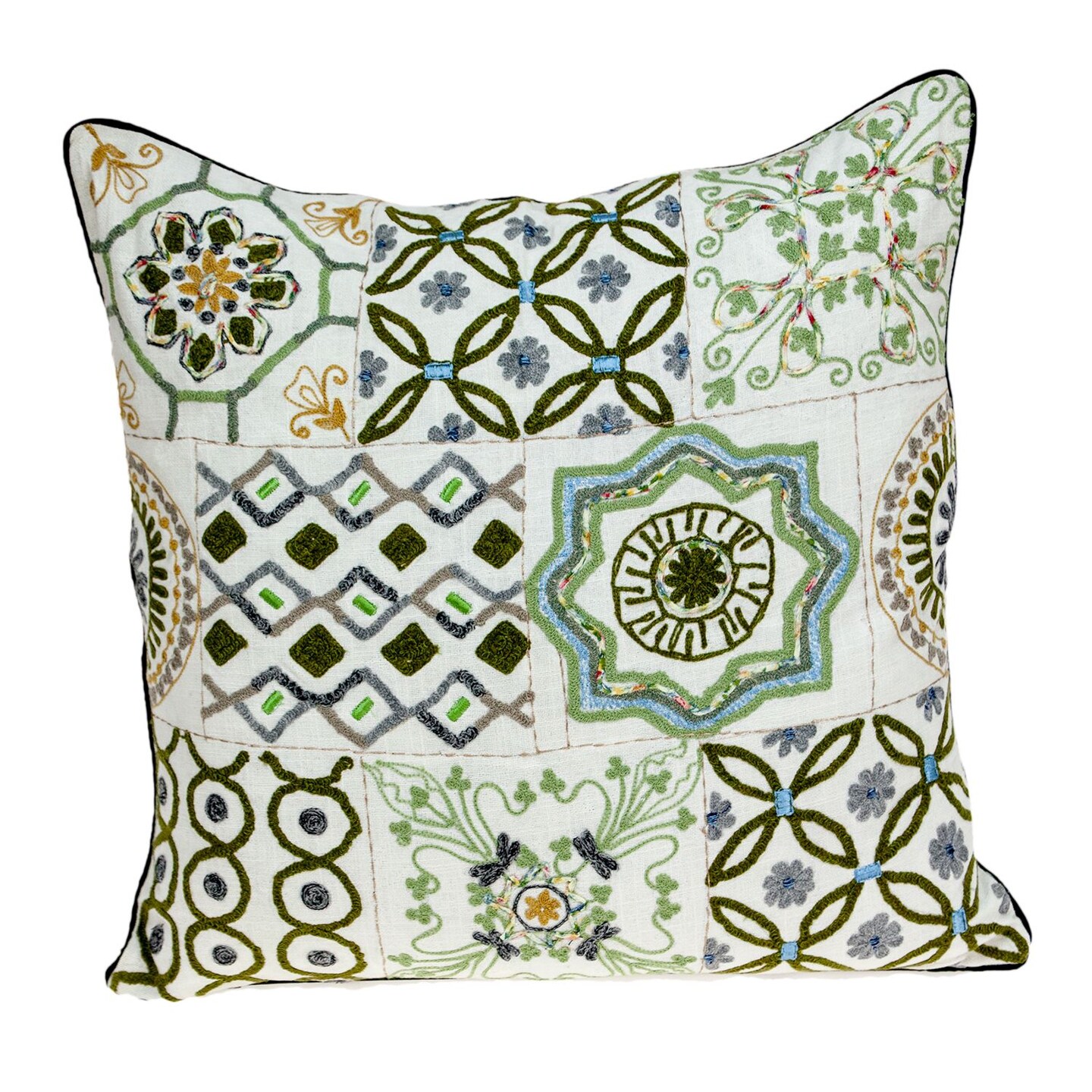 Nassau Collection 22" White and Green Cotton Tapestry Square Throw Pillow