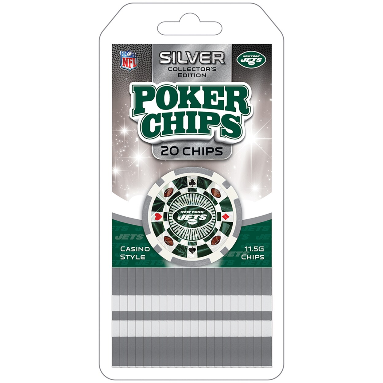 Masterpieces   Casino Style 20 Piece 11.5 Gram Poker Chip Set NFL New York Jets Silver Edition