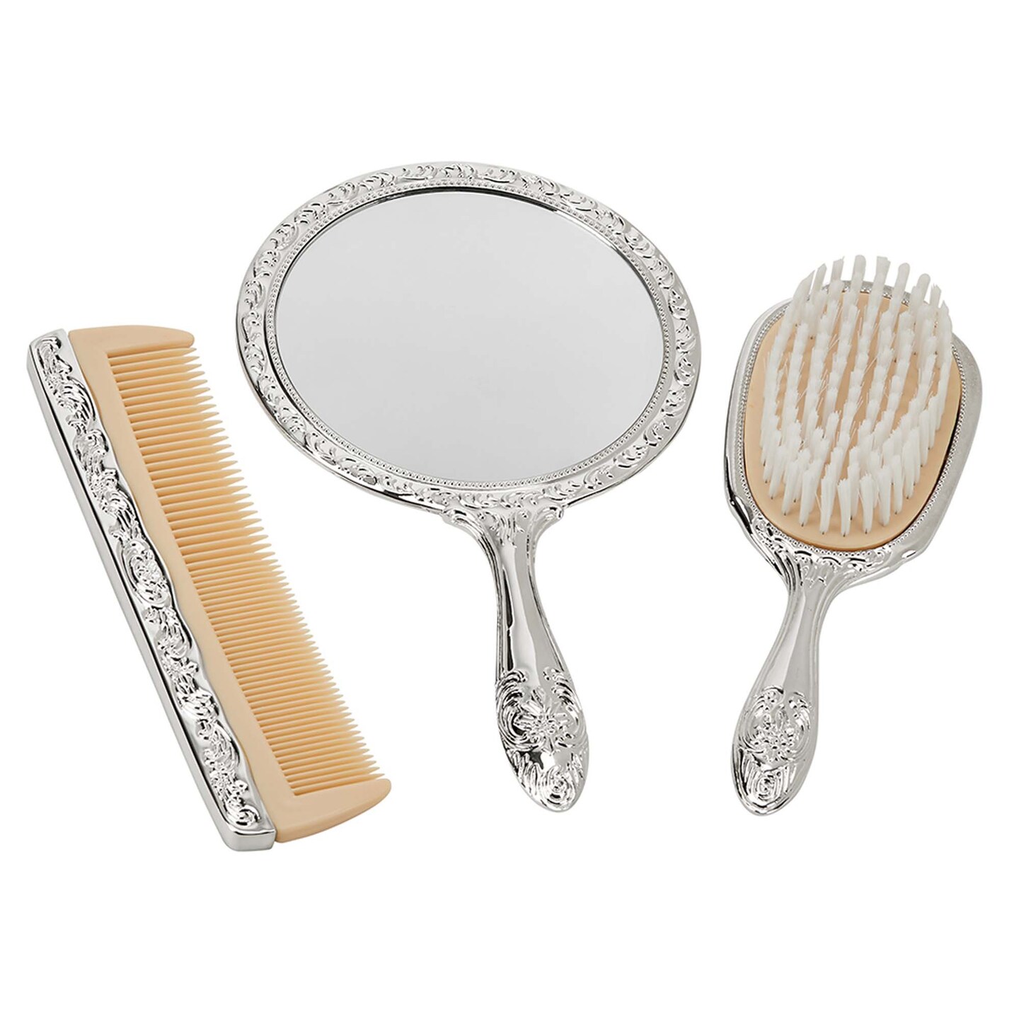 Contemporary Home Living Set of 3 Bright Nickel-Plated, Ornate-Designed Comb, Brush And Mirror, 7.375&#x22;