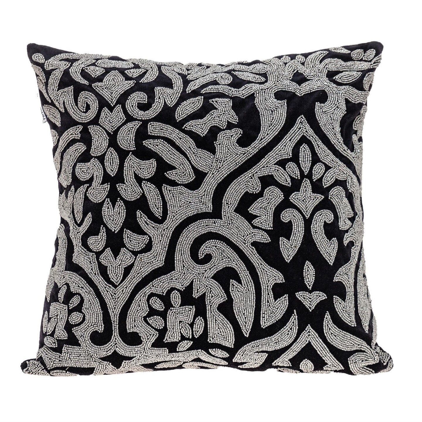 Nassau Collection 18" Black and Silver Transitional Damask Beaded Throw Pillow