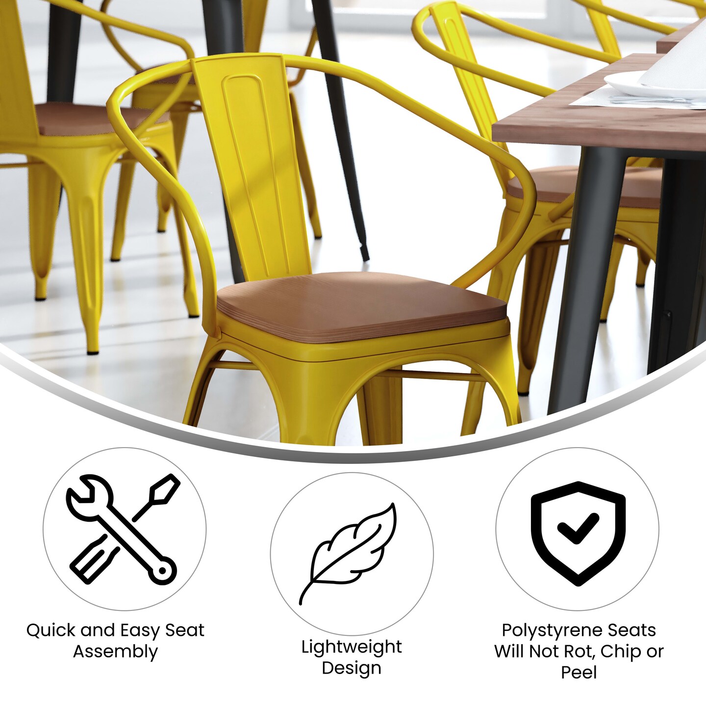Emma and Oliver Alva Metal Indoor-Outdoor Stacking Chair with Vertical Slat Back, Arms and All-Weather Polystyrene Seat