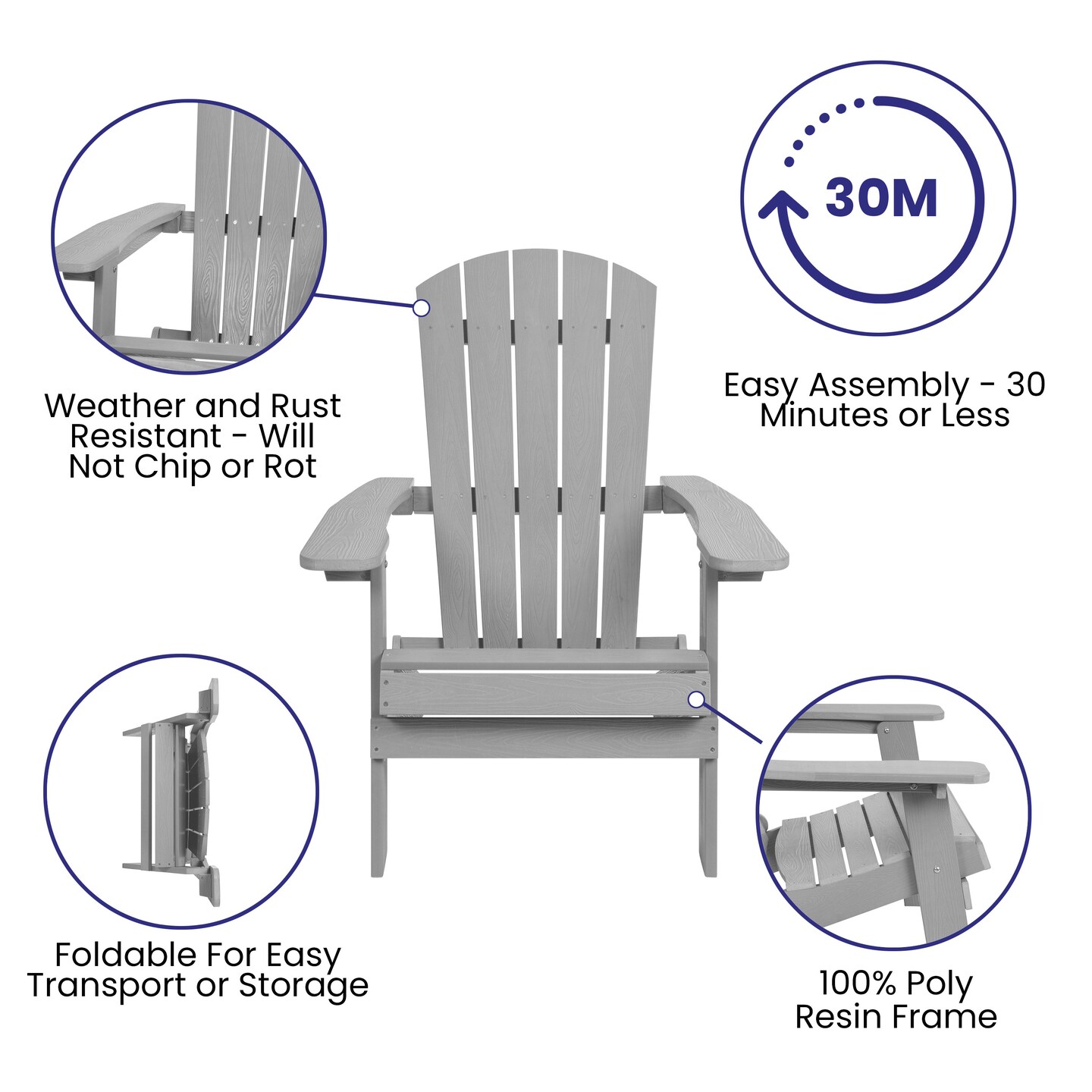 Merrick Lane Riviera Poly Resin Folding Adirondack Lounge Chair - All-Weather Indoor/Outdoor Patio Chair
