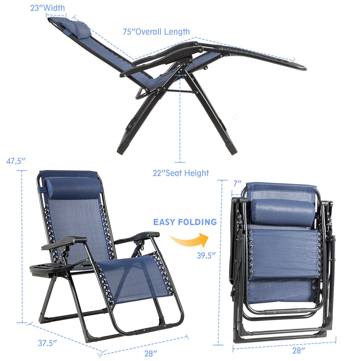 Costway Oversize Lounge Chair Patio Heavy Duty Folding Recliner