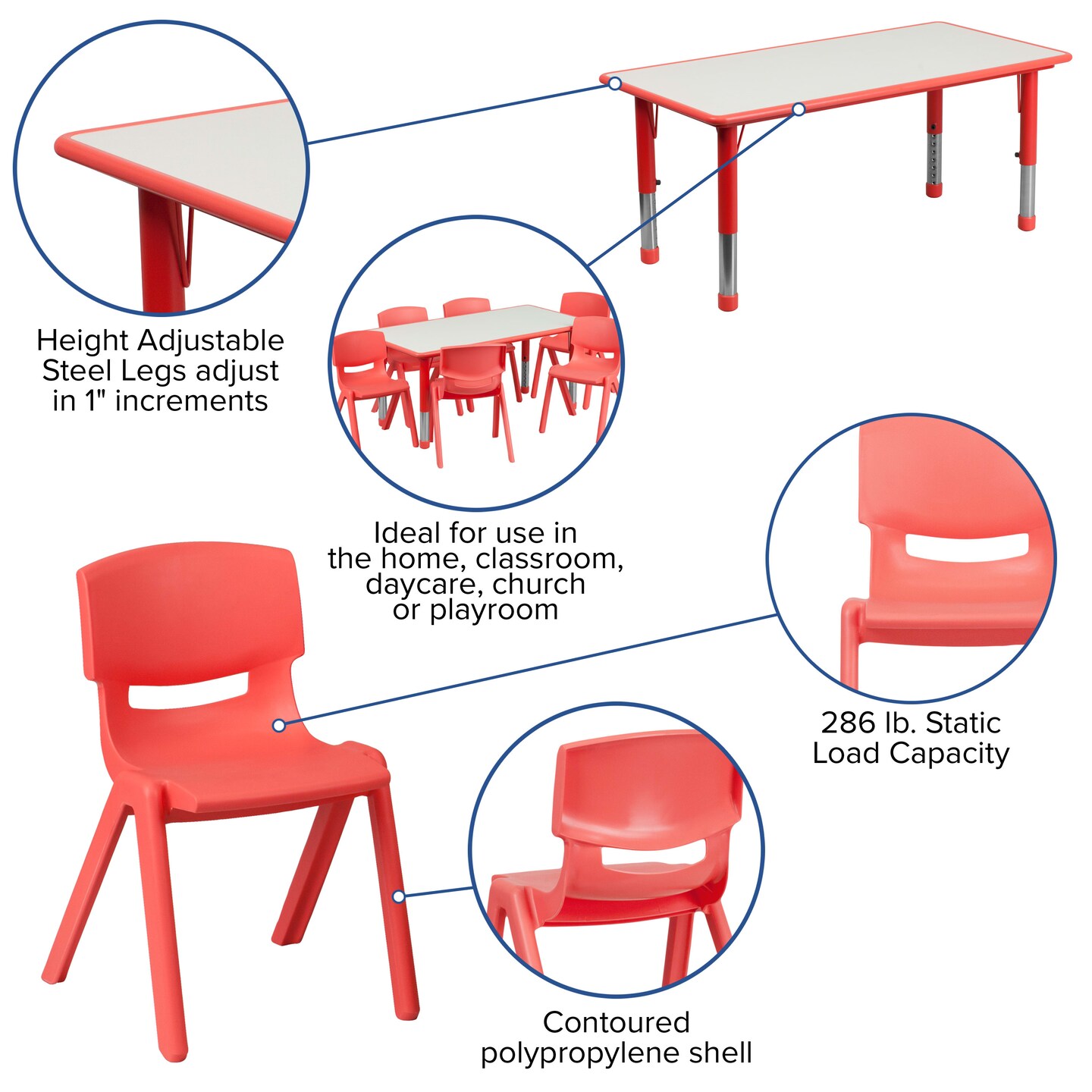 Emma and Oliver 23.625&#x22;W x 47.25&#x22;L Rectangular Plastic Height Adjustable Activity Table Set with 6 Chairs