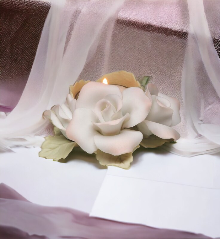 Hand Crafted Ceramic White and Pink Rose Tealight Candle Holder, Wedding D&#xE9;cor, Wedding Gift, Wedding Favor