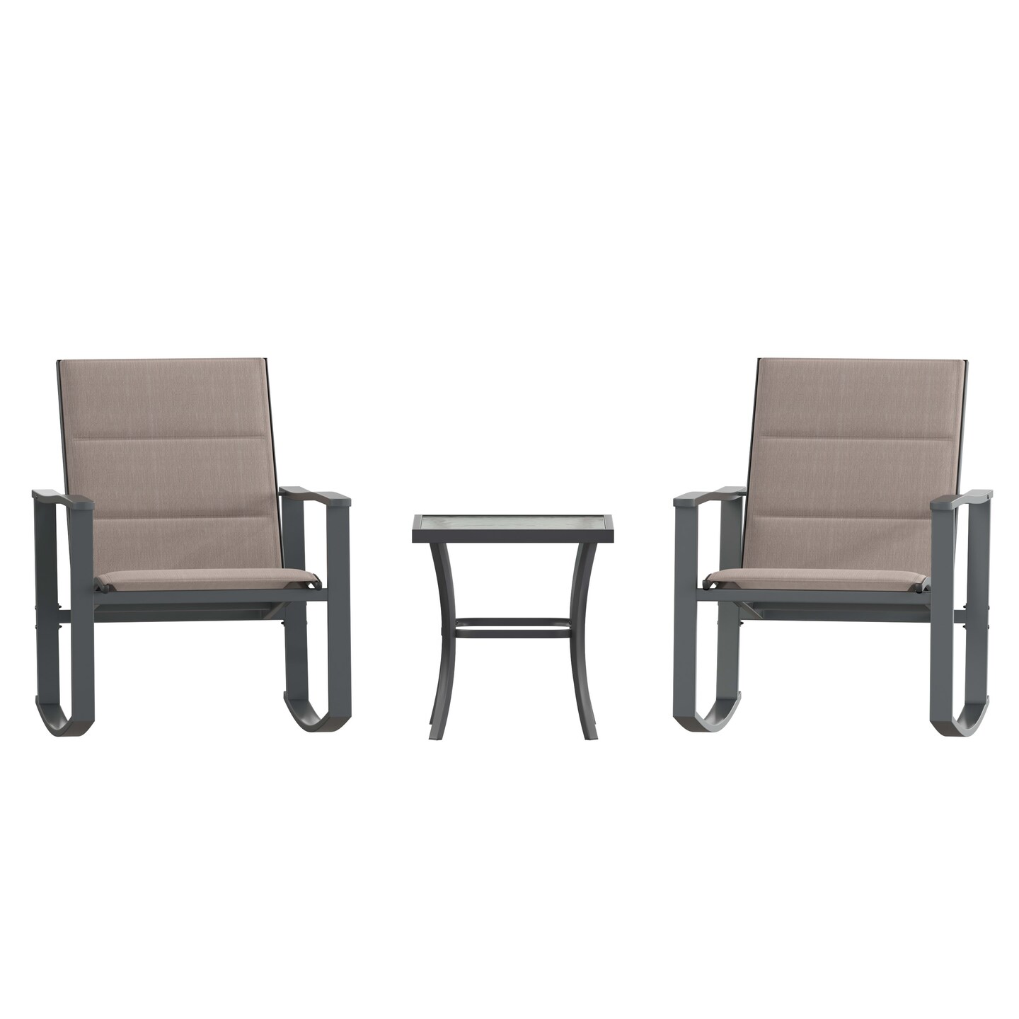 Merrick Lane Brevyn 3 Piece Outdoor Bistro Set with Flex Comfort Rocking Chairs and Steel Framed Glass Top Table
