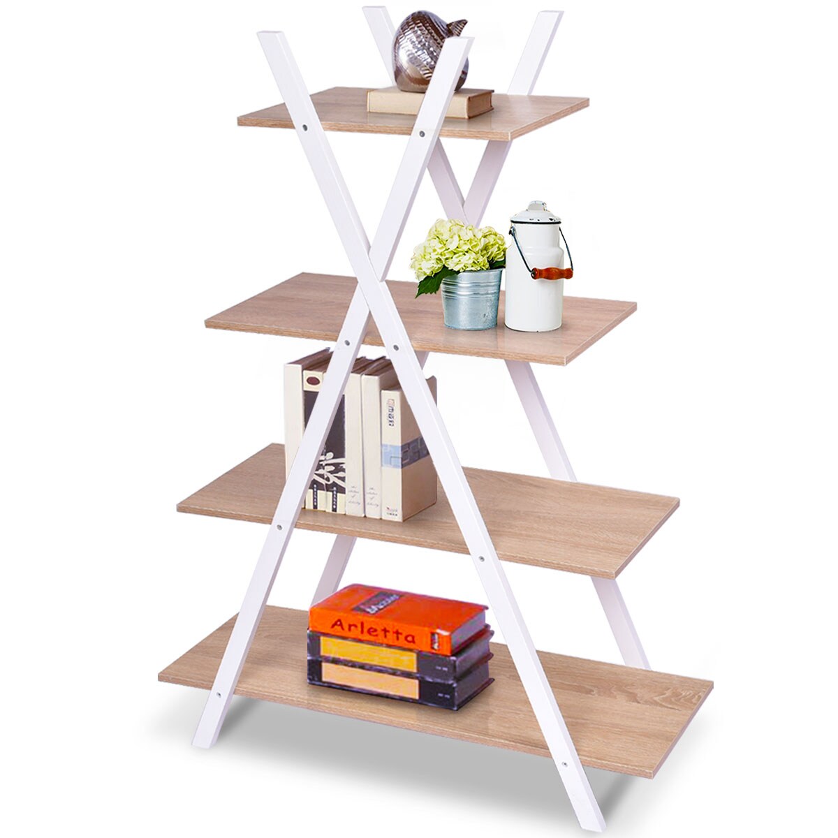 Costway 4-Tier Bookshelf Storage Display Shelves Bookcase Ladder X-Shape
