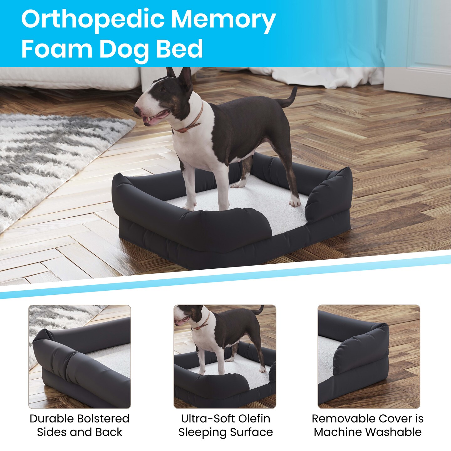 Merrick Lane Cozy Orthopedic Joint Relief Memory Foam Bolster Dog Bed, Removable, Washable Cover, Non-Slip Bottom