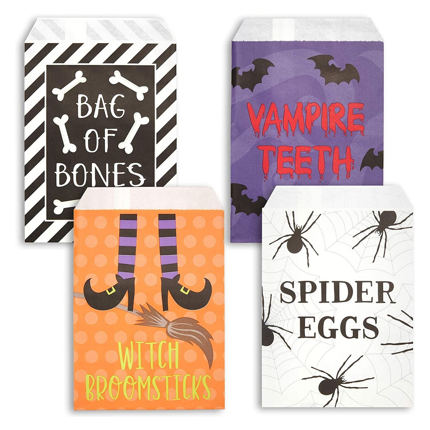 100 Pack Halloween Party Paper Bags for Trick or Treat, Bulk Goody Bags for Kids Favors, Candy, 4 Designs (8 x 5 In)
