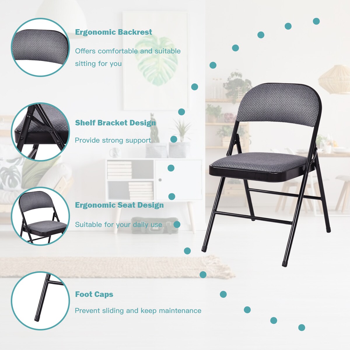 Costway Set of 4 Metal Frame Folding Chairs Fabric Upholstered Padded Seat