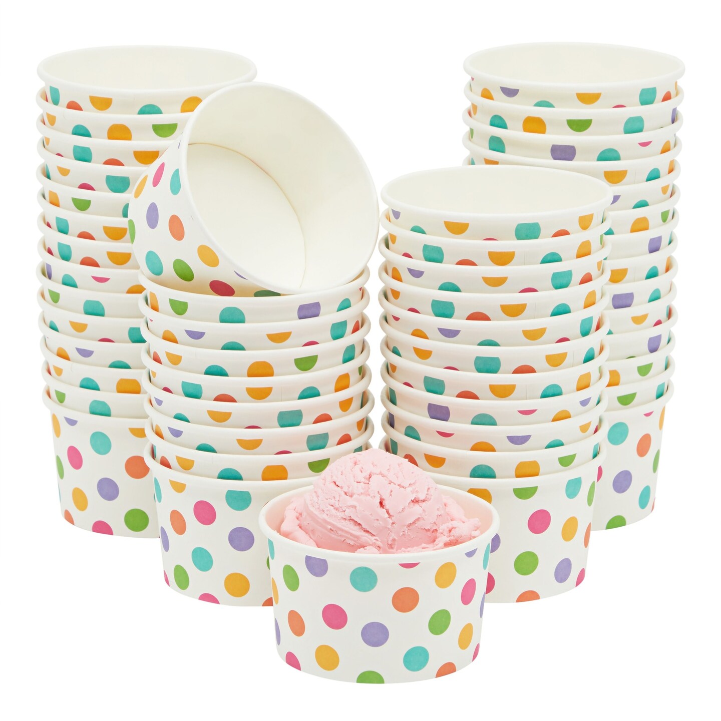 50 Pack Rainbow Polka Dot Paper Ice Cream Cups, Dessert Bowls for Sundae Bar, Frozen Yogurt (8 oz)
