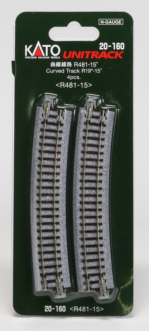Kato N-Scale Kato USA Model Train Products Unitrack, 481mm (19") Radius 15-Degree Curve Track (4-Piece) Train Track