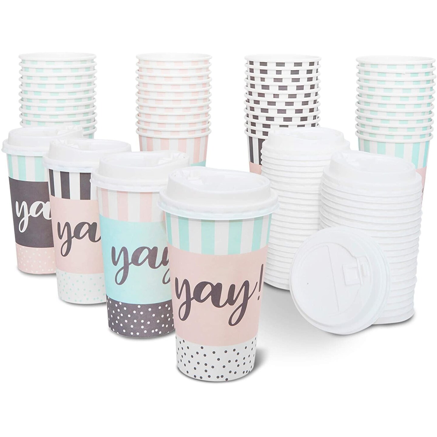 48 Pack Disposable 16oz Coffee Cups with Lids 4 Assorted Yay