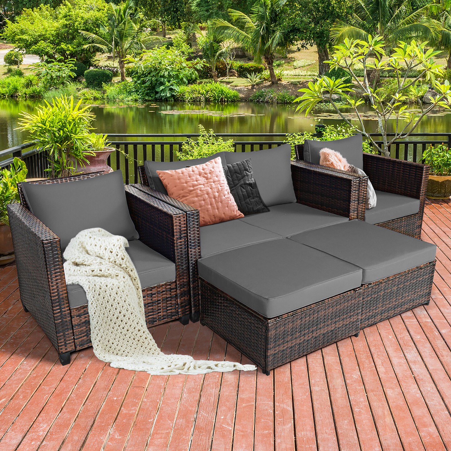 Costway 5PCS Patio Rattan Furniture Set Loveseat Sofa Ottoman Cushioned Red\White