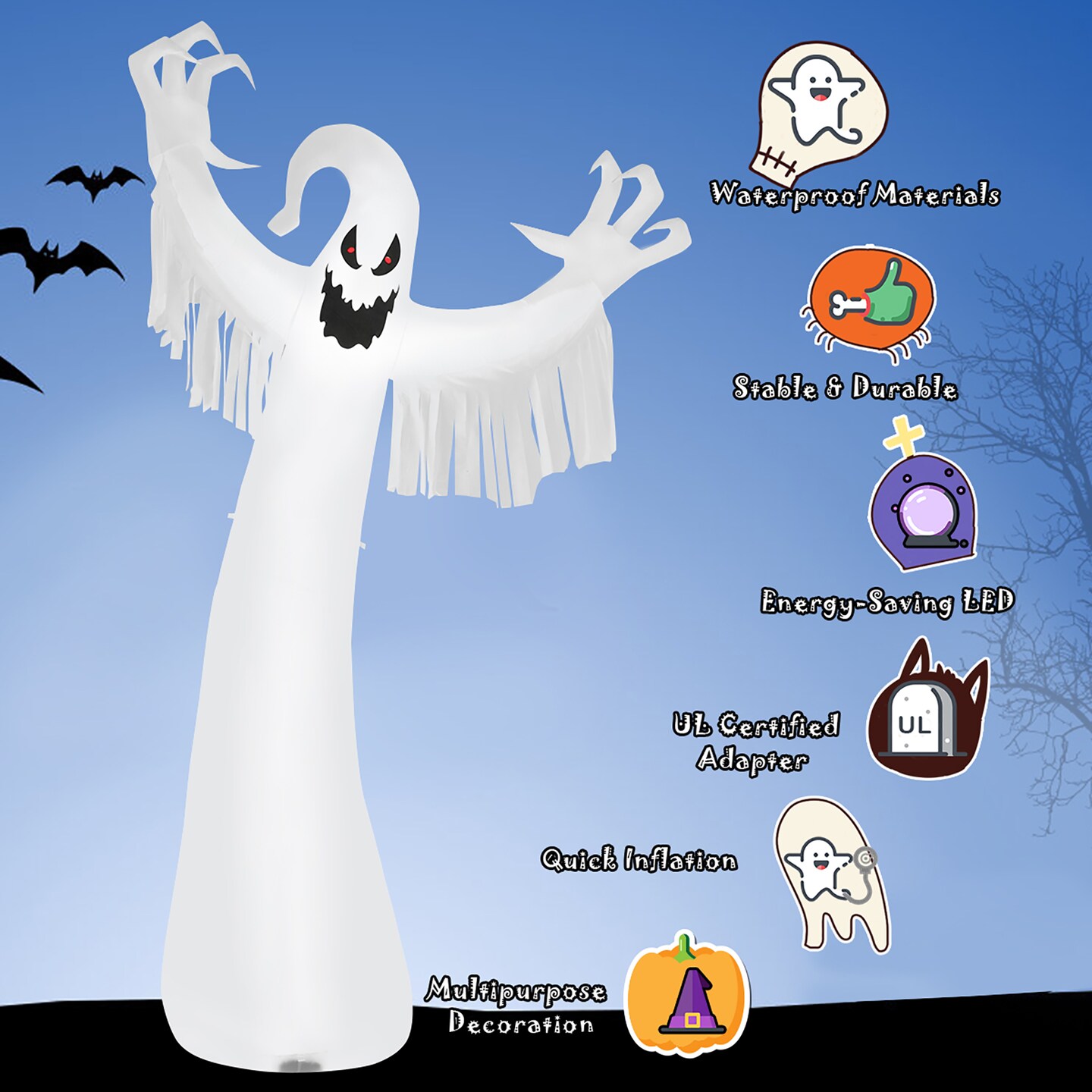 12FT Halloween Inflatable Blow Up Ghost w/ LED Lights Outdoor Yard Decoration