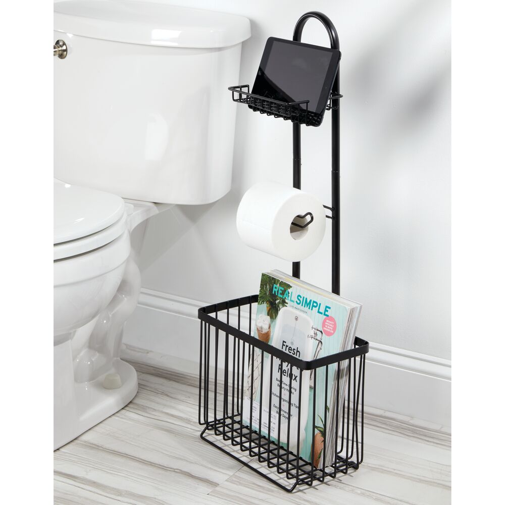 mDesign Metal Free Standing Toilet Paper Stand/Dispenser, Holds Tablet