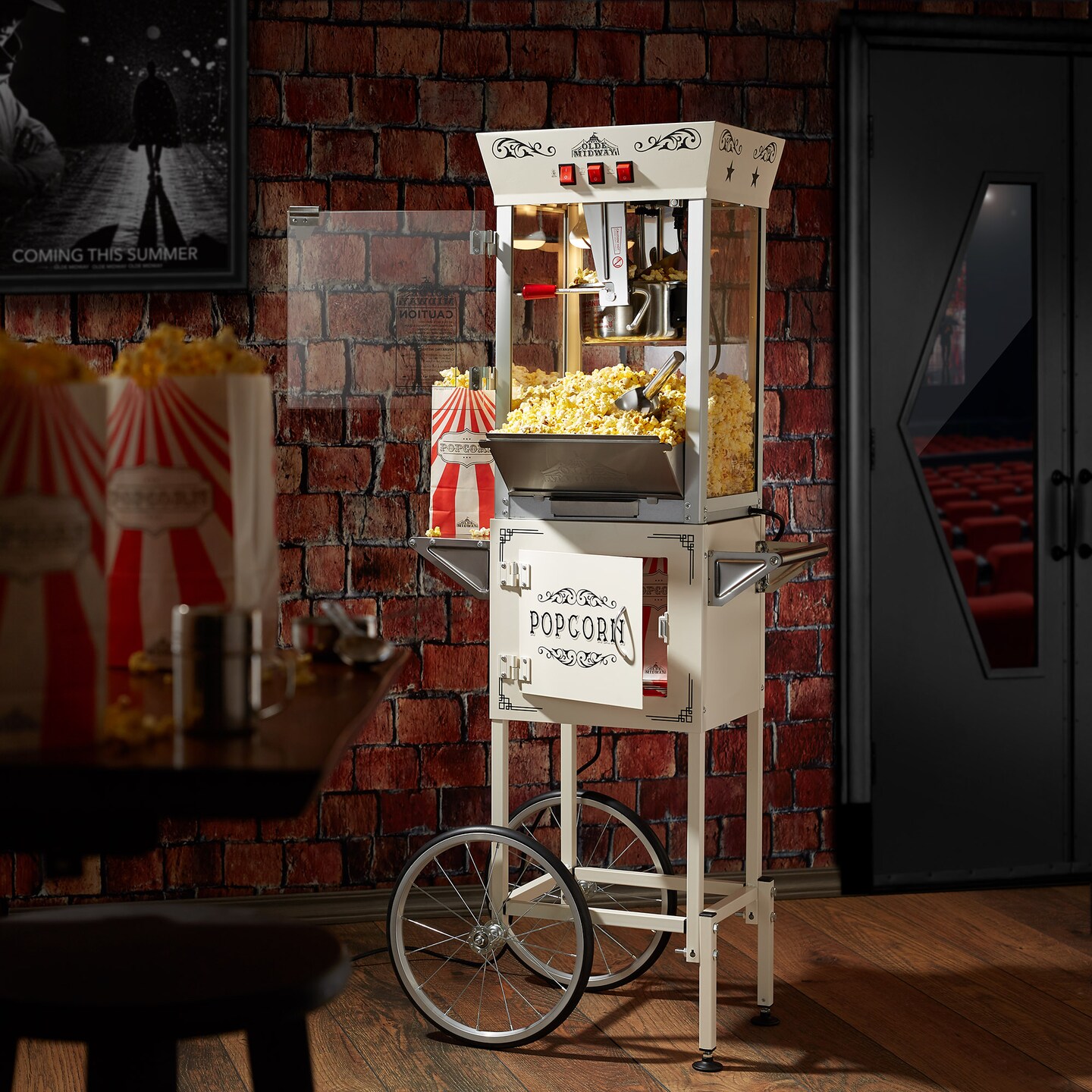 Olde Midway Movie Theater-Style Popcorn Machine Maker with Cart and 10-Ounce Kettle, Vintage-Style Popper on Wheels