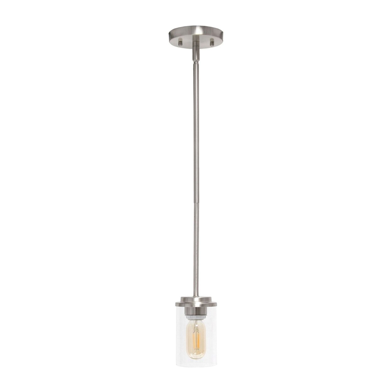 Lalia Home 1-Light 5.75&#x22; Minimalist Industrial Farmhouse Adjustable Hanging Clear Cylinder Glass Pendant Fixture, Brushed Nickel