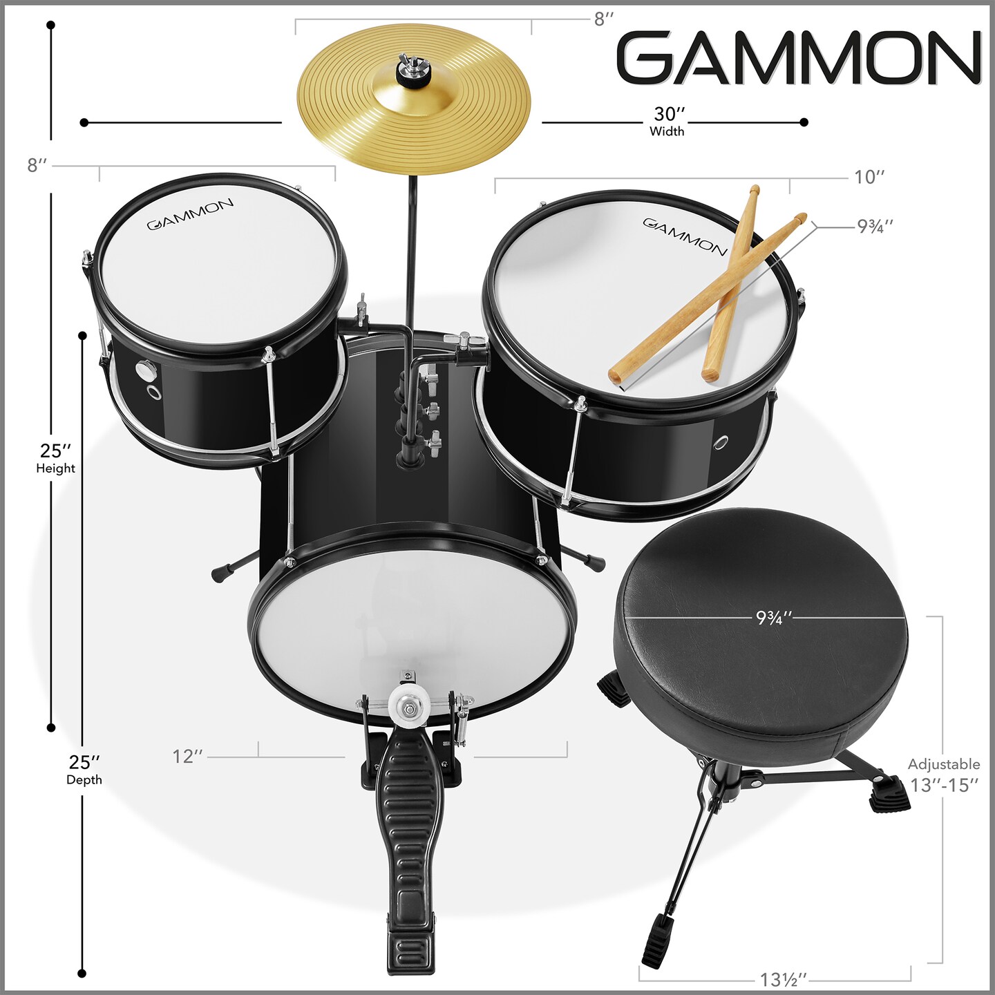 Gammon 3-Piece Junior Drum Set with Throne, Complete Beginner Kit with Bass Drum, Toms, Cymbal, Pedal, and Drumsticks