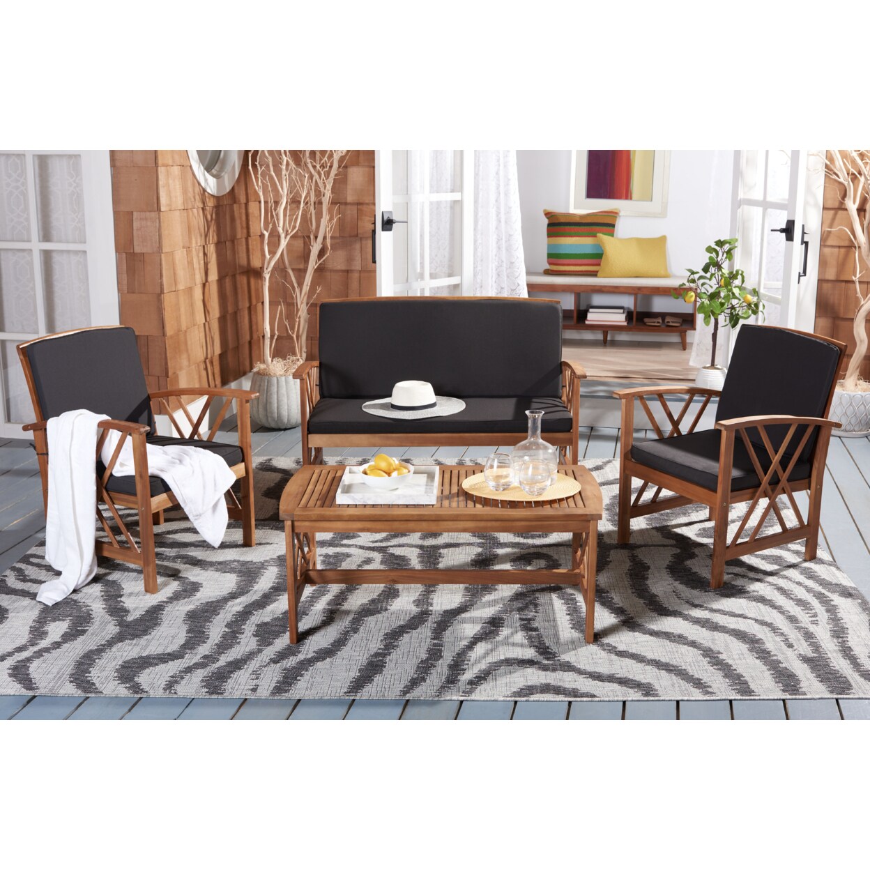 Safavieh   Outdoor Collection Fontana 4-Piece Patio Set Black Cushion