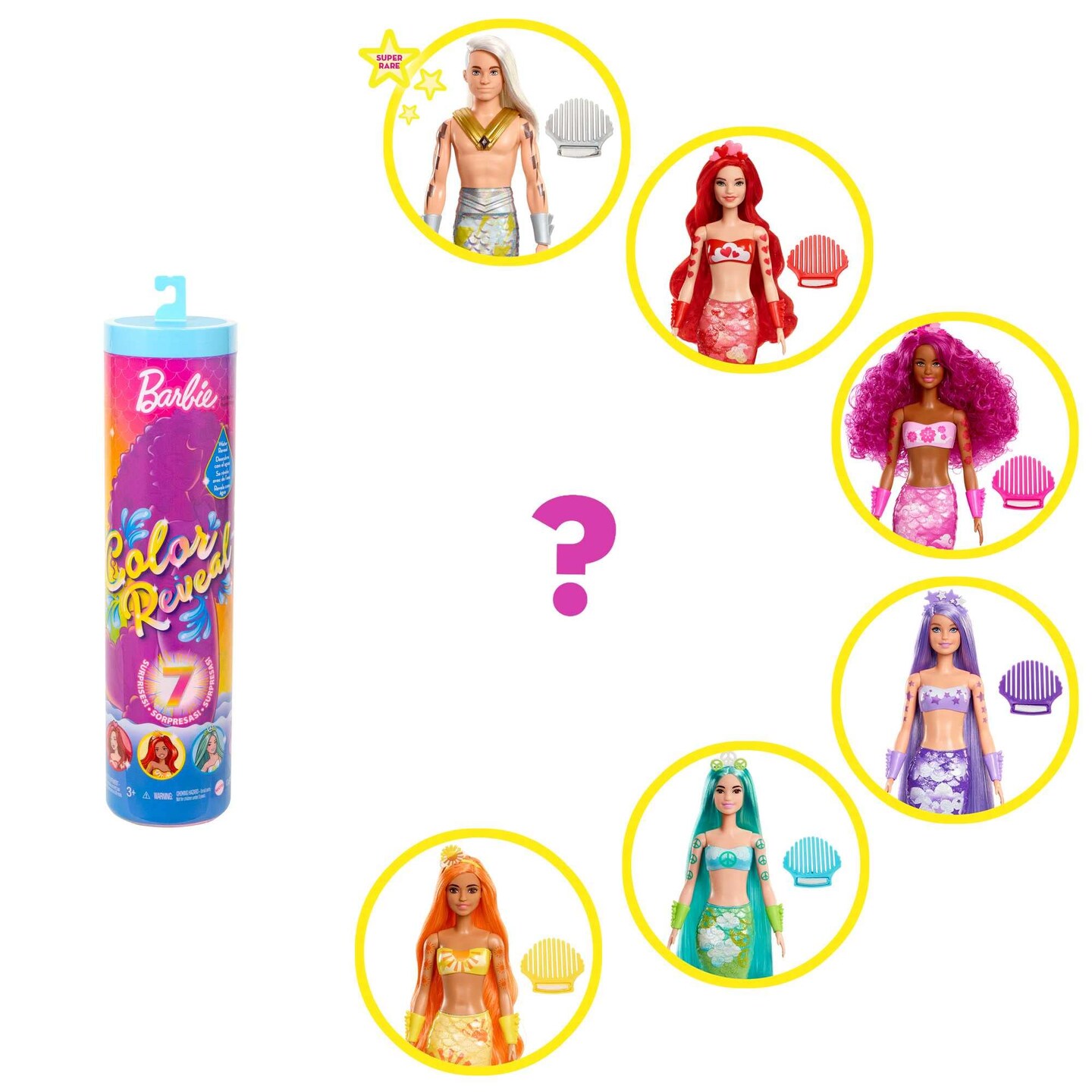 Barbie Color Reveal Doll &#x26; Accessories, Rainbow Mermaid Series, 7 Surprises, 1 Mermaid Barbie Doll (Styles May Vary)