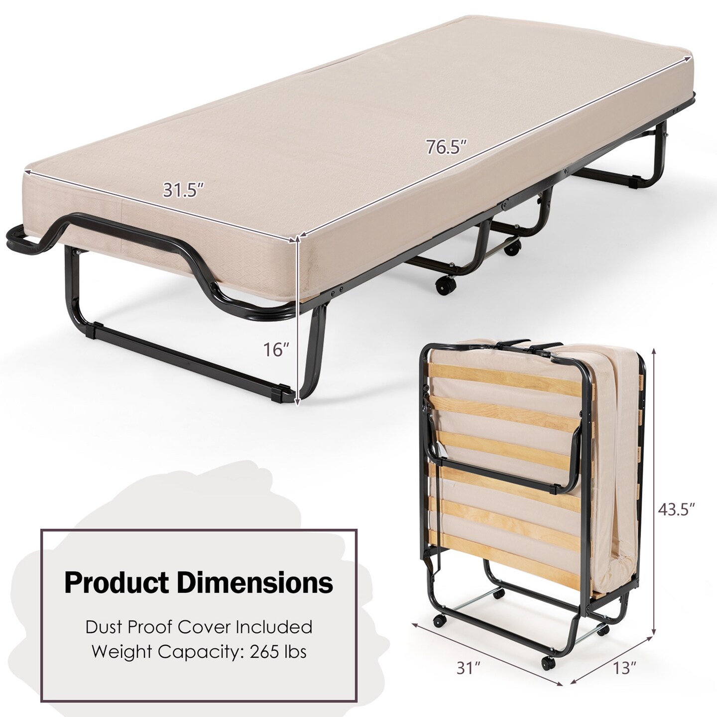 Costway Folding Bed w/Memory Foam Mattress Dust-Proof Bag Rollaway Metal Bed Sleeper Made in Italy