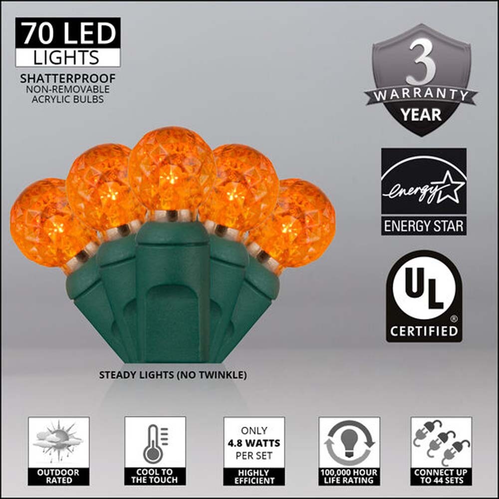 70 Amber/Orange G12 LED String Lights, Green Wire, 4&#x22; Spacing