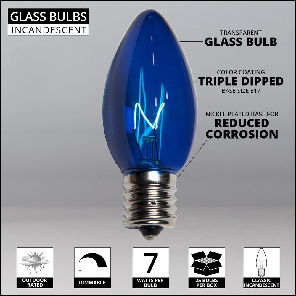 25 Bulbs - C9 Triple Dipped Transparent Blue, 7 Watt lamp