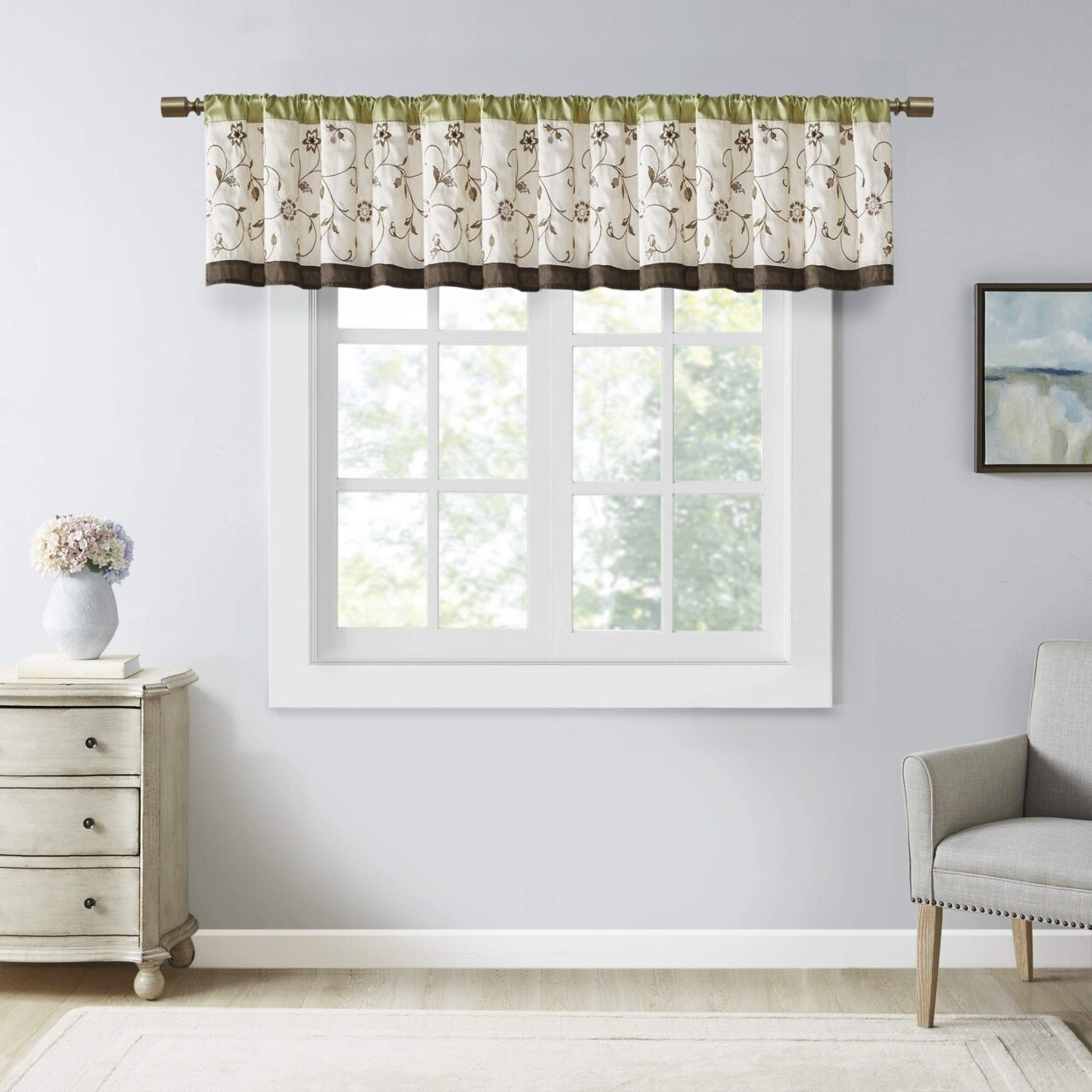 Madison Park Serene Embroidered Window Valance Green 50x18&#x22;