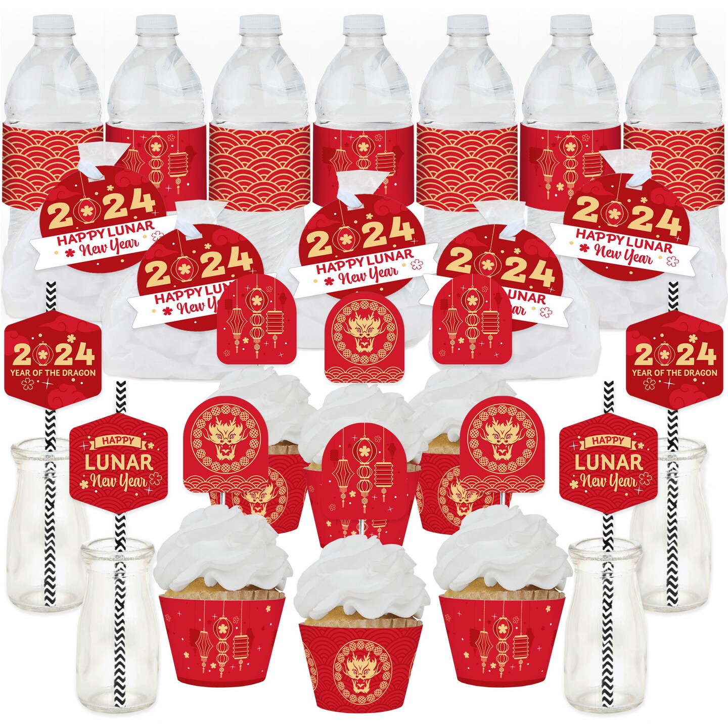 Big Dot of Happiness Lunar New Year - 2024 Year of the Dragon Favors and Cupcake Kit - Fabulous Favor Party Pack - 100 Pieces