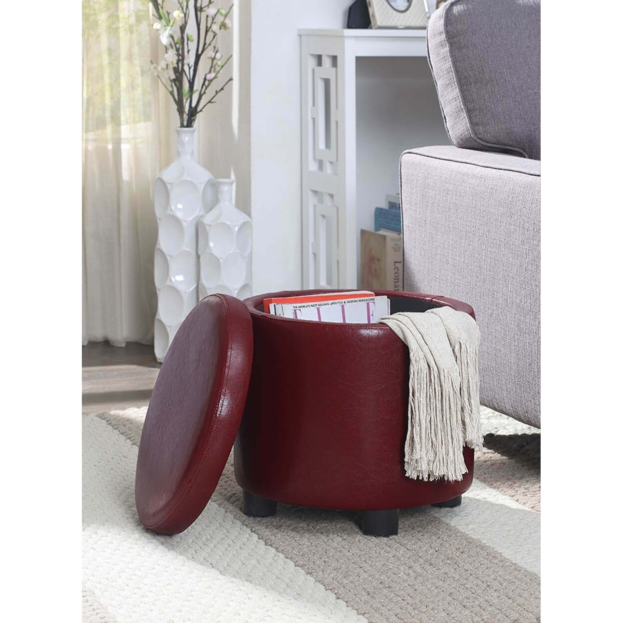 Convenience Concepts Designs4Comfort Round Accent Storage Ottoman, Burgundy