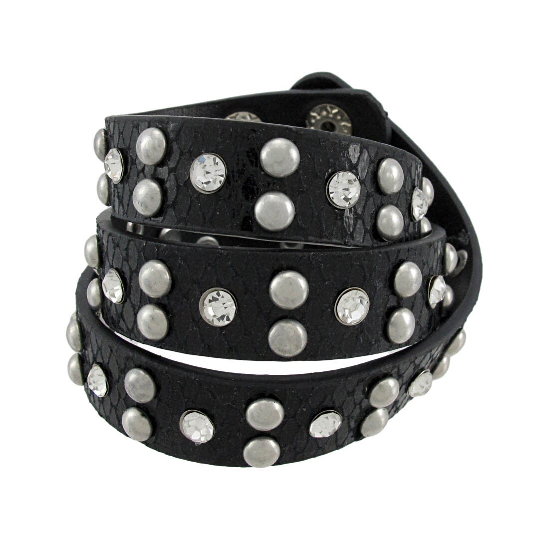 Black Vinyl Snakeskin Triple Wrap Rhinestone Bracelet