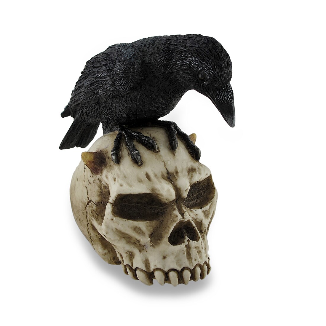 Crow Perched On Horned Skull Sculptural Statue