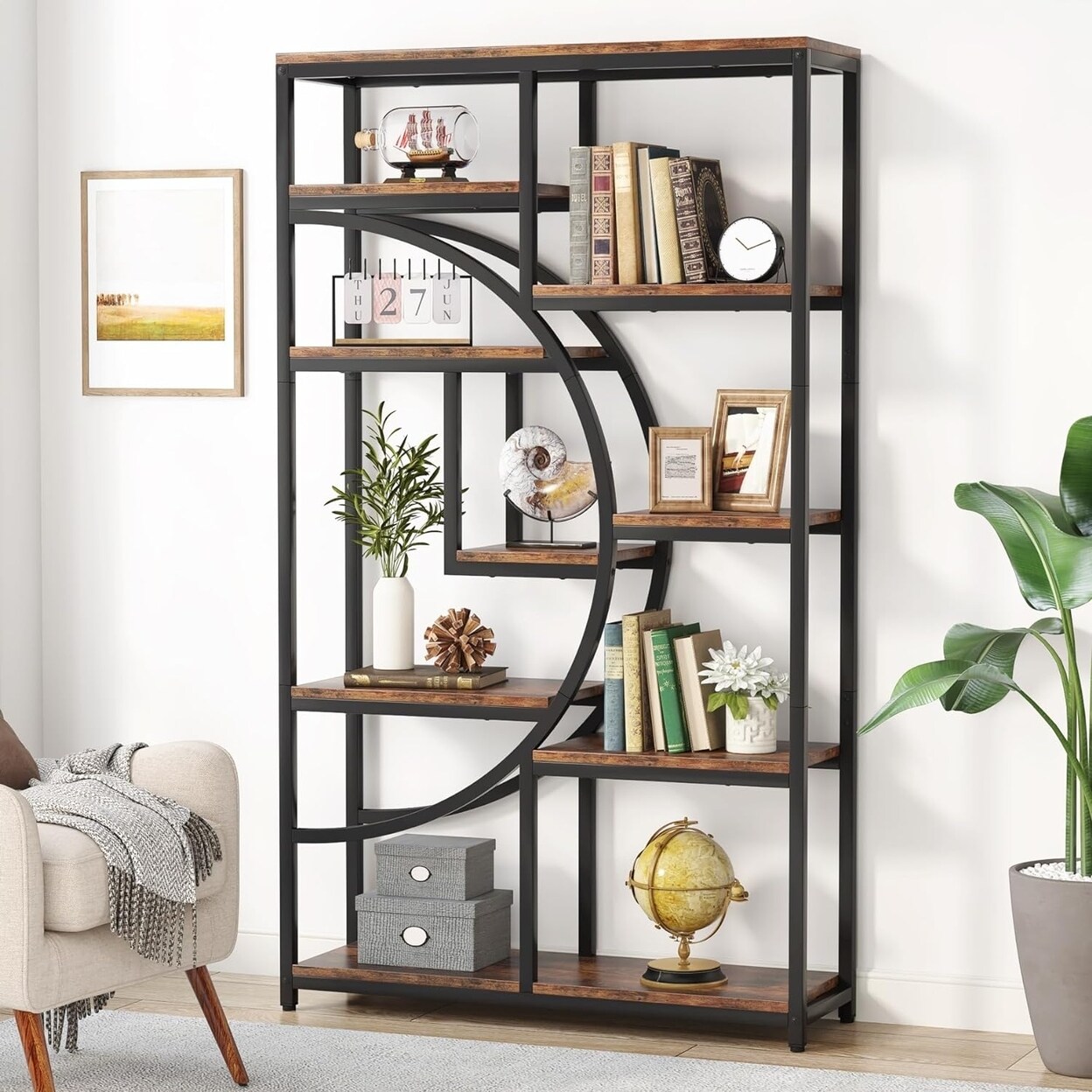 Industrial 5 Tier Etagere Bookcase Freestanding Tall Bookshelf 9 Open Shelves