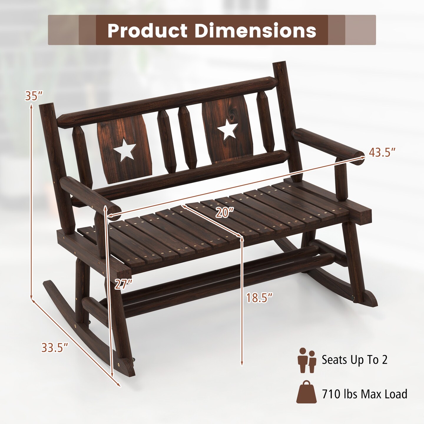 Costway 1/2 PCS Patio Rocking Bench Carbonized Wood Double Rocker Chair with Ergonomic Seat Rustic