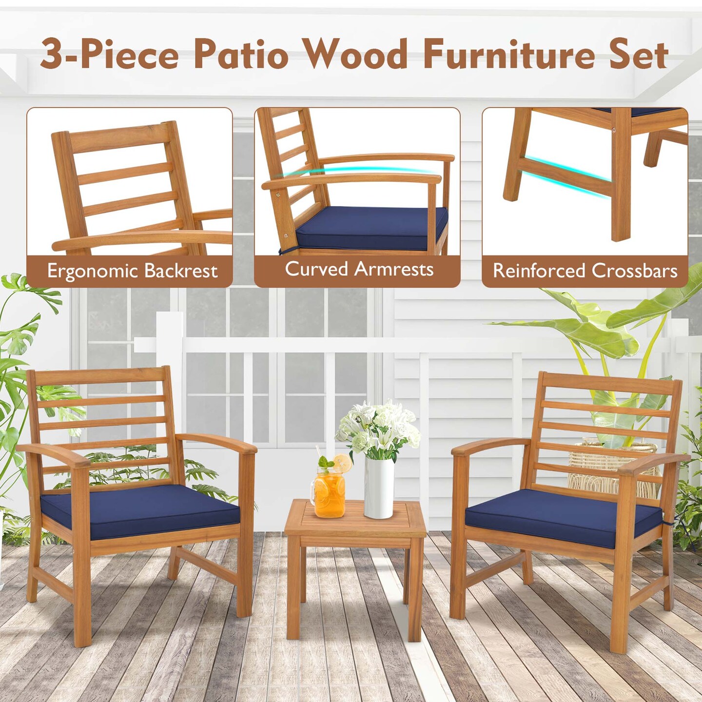 Costway 3 PCS Outdoor Furniture Set Acacia Wood Conversation Set with Soft Seat Cushions White/Grey/Navy