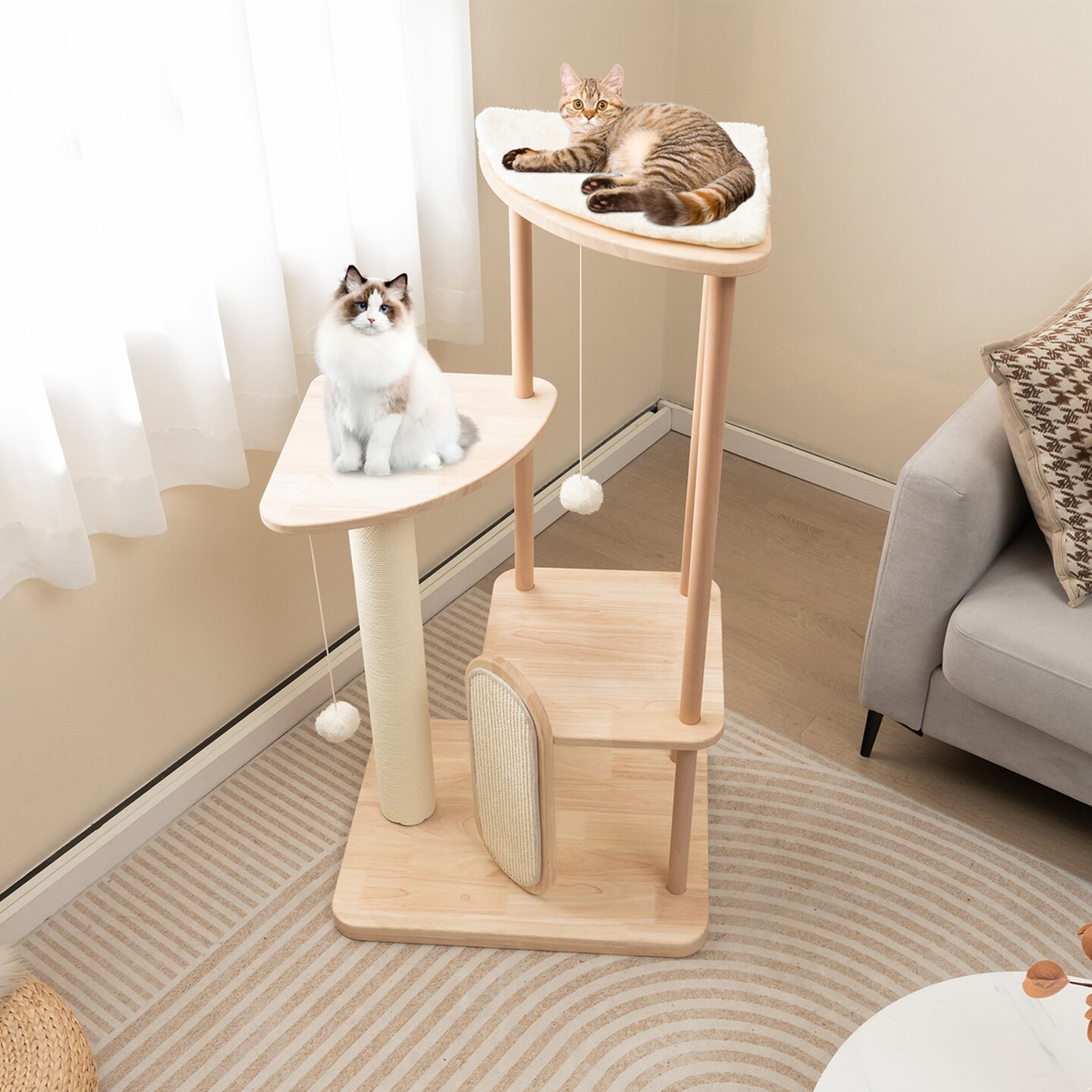 Costway Wooden Cat Tree with Sisal Scratch Board &#x26; Post Padded Perch Hanging Toys Modern
