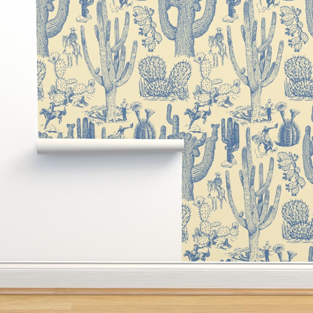 Western Cowboy Cowgirl Toile Cactus Chinoiserie Southwestern Cacti Rustic Custom Removable Wallpaper by Spoonflower Peel & Stick Wallpaper 2FT Wide