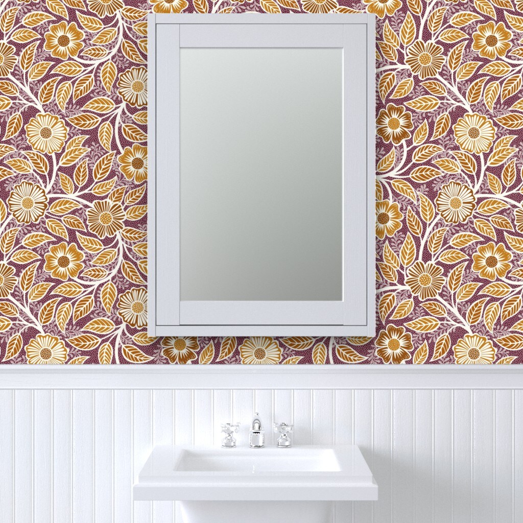 Peel &#x26; Stick Wallpaper 2FT Wide Yellow Wine Autumn Fall Floral Vintage Climbing Vines Victorian Bright Summer Large Scale Cottagecore French Country Farmhouse Art Nouveau Custom Removable Wallpaper by Spoonflower