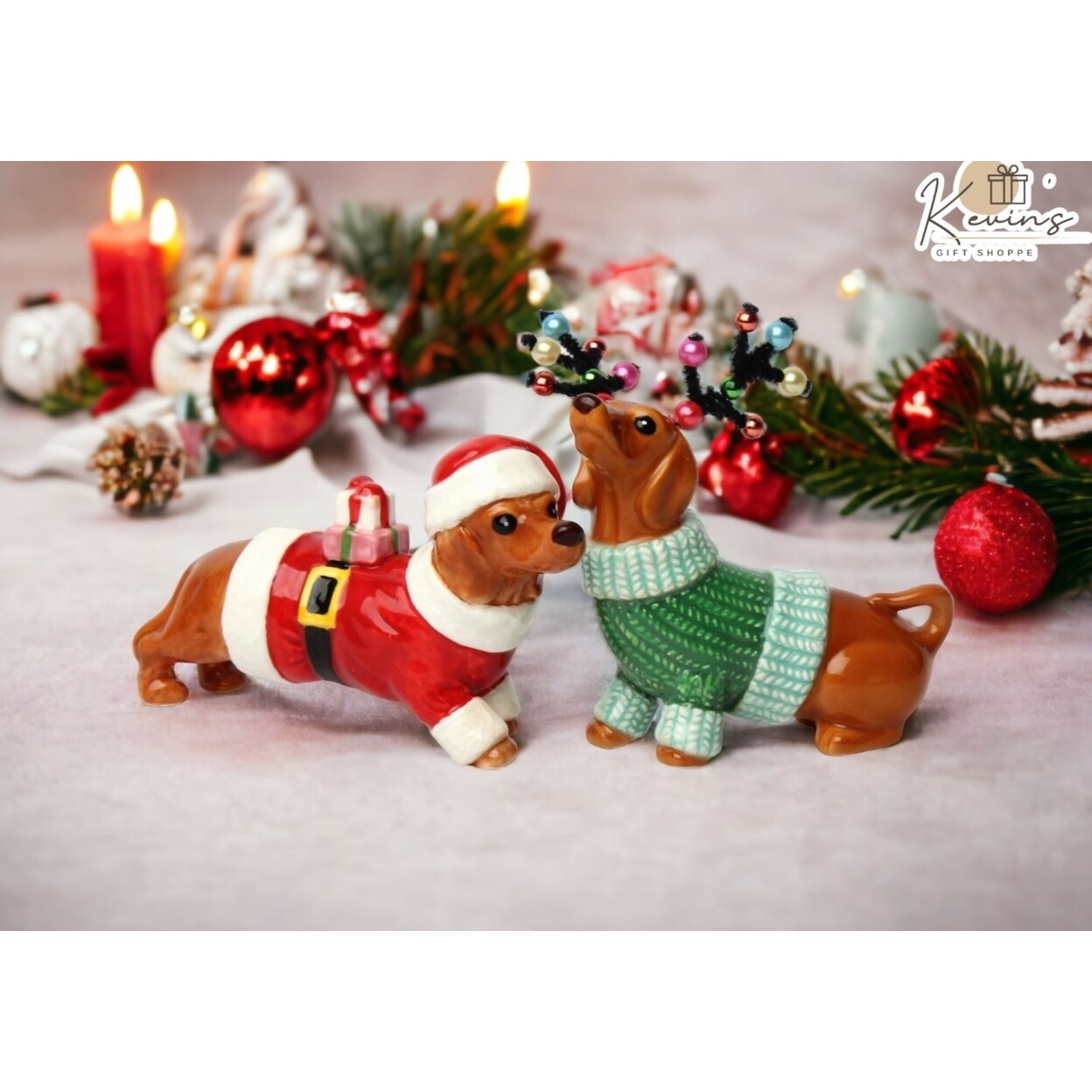 Ceramic Christmas Dachshund Weiner Dog Salt And Pepper Shakers, Kitchen Decor