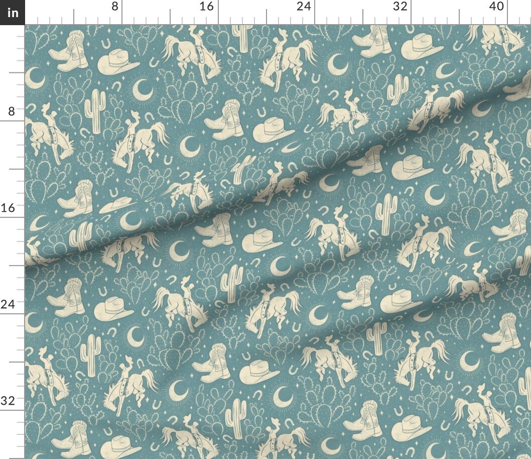 Southwest Dusky Blue Boots Cactus Ranch Rodeo Cowboy Hat Moon Custom Printed Fabric by Spoonflower Various Fabrics by the Yard or Fat Quarter