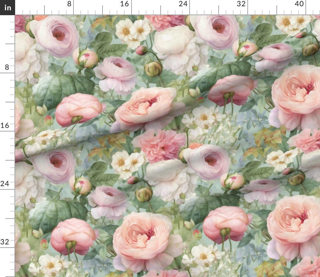 Cottagecore Watercolor Peonies Roses Cosmos Botanical Bouquet Garden Floral Flowers Custom Printed Fabric by Spoonflower Various Fabrics by the Yard or Fat Quarter