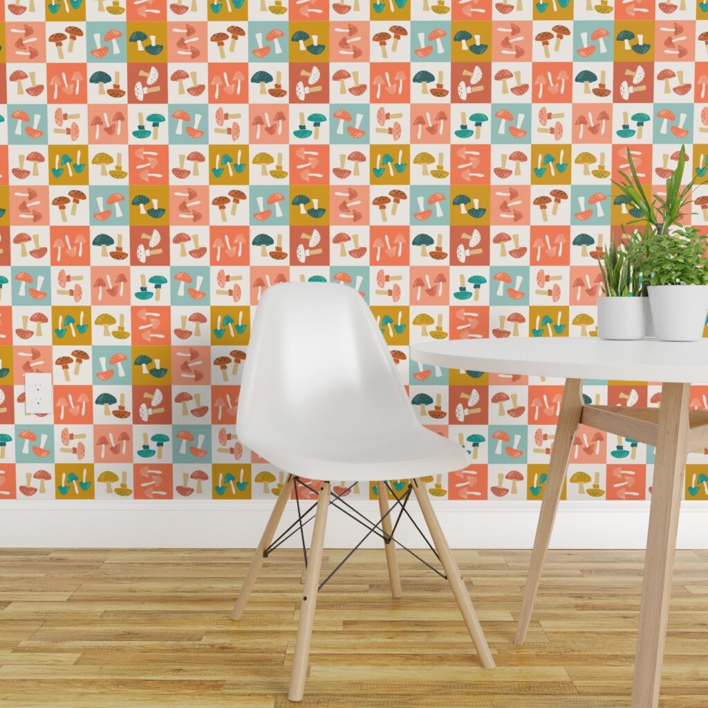 Pre-Pasted Wallpaper 2FT Wide Checkerboard Mushrooms Orange Blue Shrooms Toadstools Nature Botanical Whimsical Custom Pre-pasted Wallpaper by Spoonflower