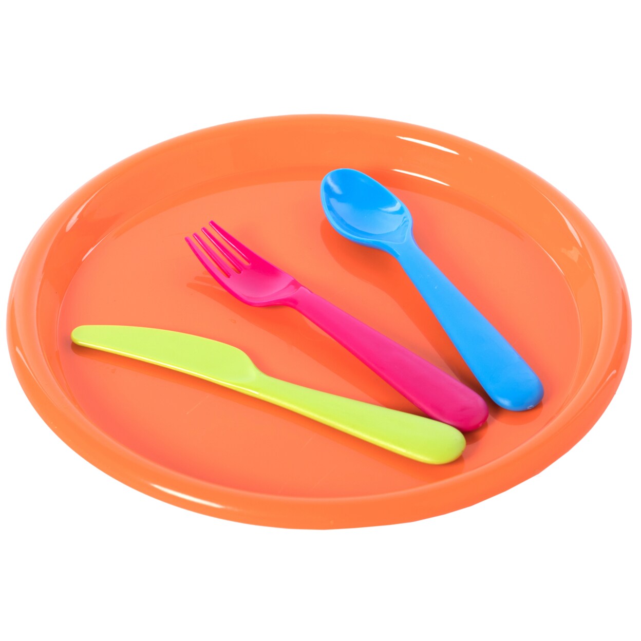 Reusable Cutlery Set For Kids 4 Plastic Plates Spoons Forks Knives Assorted Colors