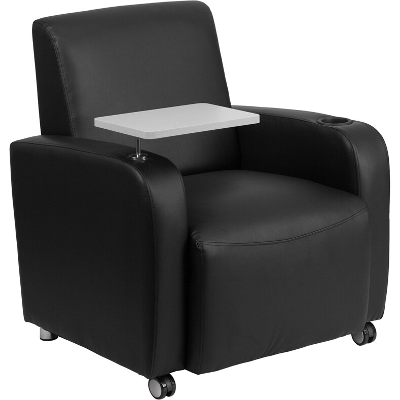 Flash Furniture Black Leather Guest Chair with Tablet Arm Front Wheel Casters and Cup Holder
