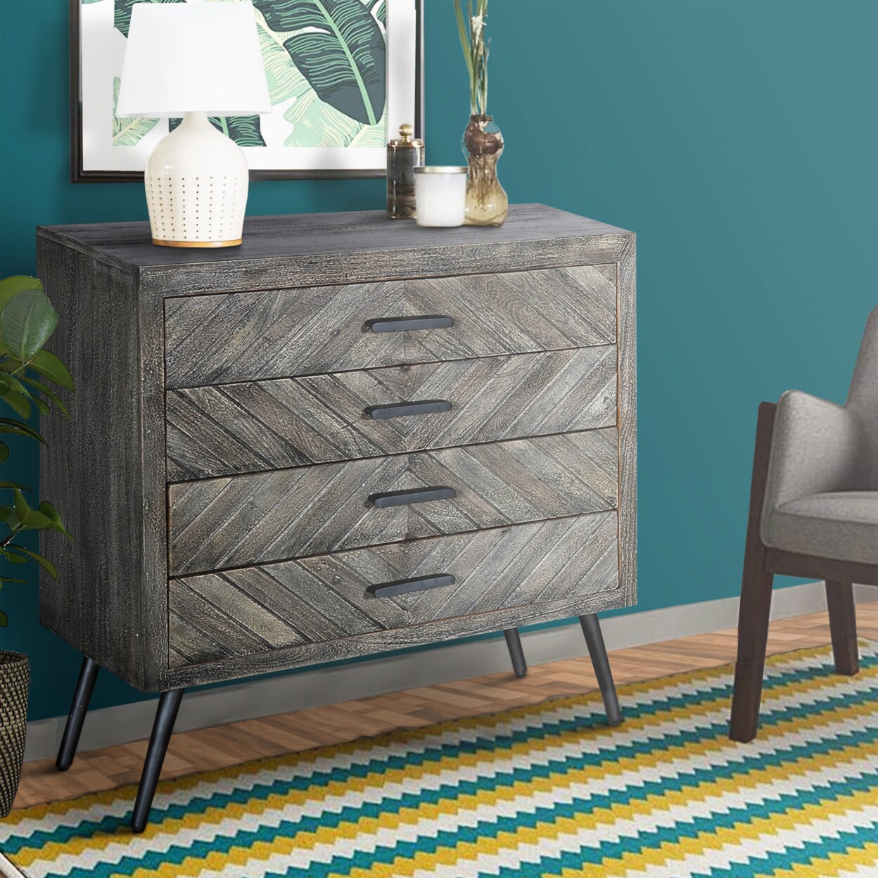 Saltoro Sherpi Shon 33 Inch Chevron Pattern Wood 4 Drawer Accent Dresser Chest with Angled Metal Legs, Distressed Gray-