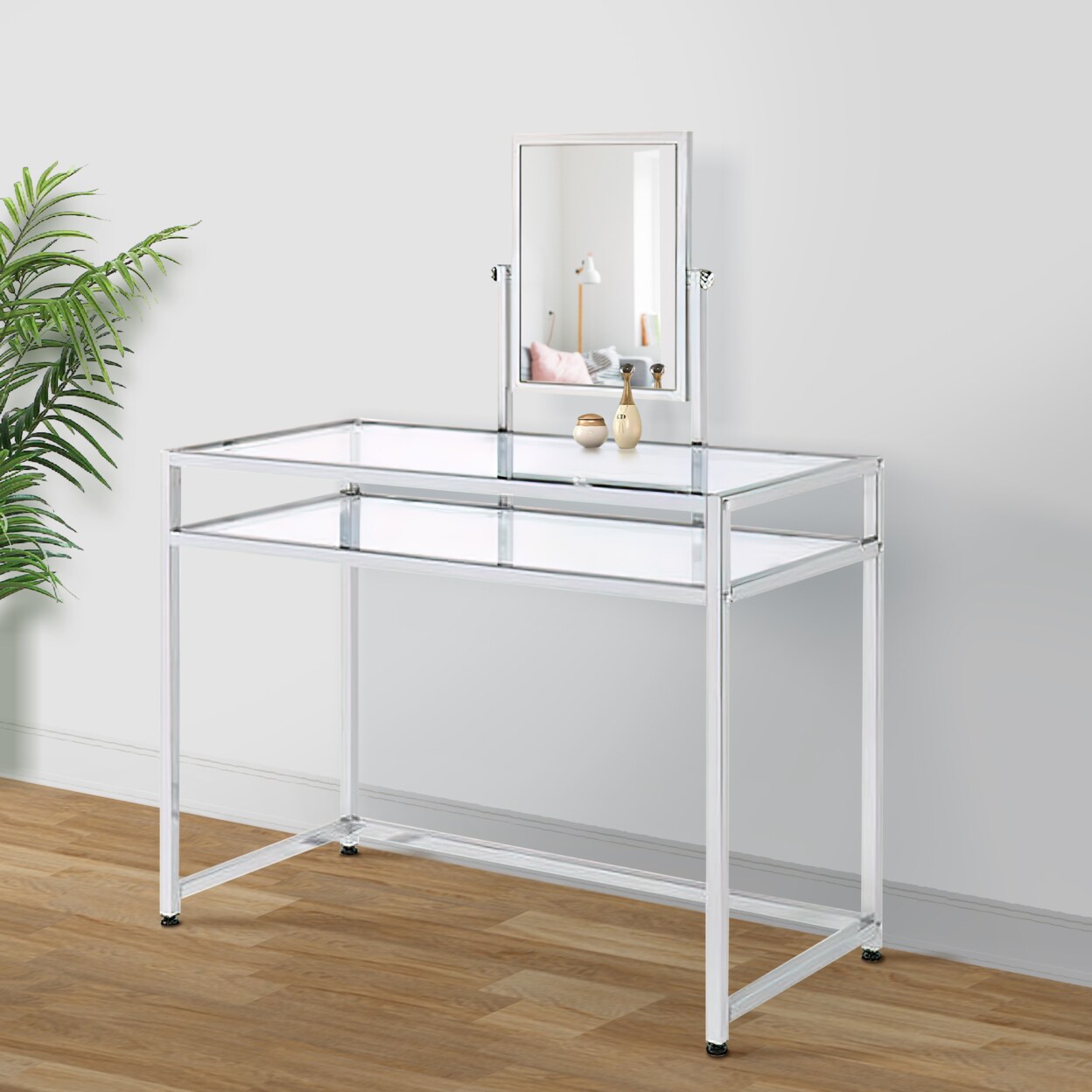 Saltoro Sherpi 2 Piece Metal Vanity Set, Tempered Glass, Faux Fur Seat, 1 Shelf, Silver-